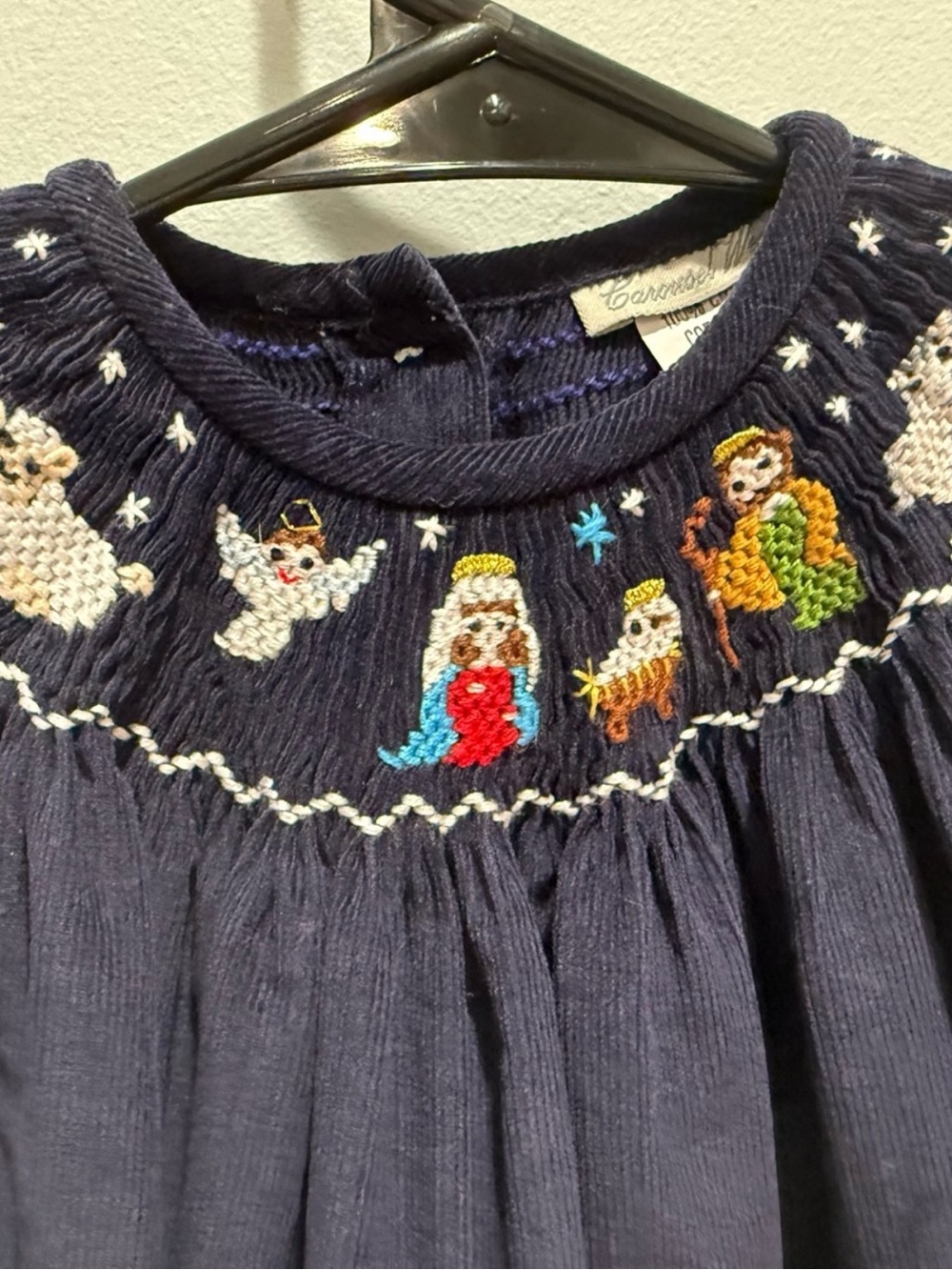 Girls Navy Smocked Corduroy Dress with Nativity Motif